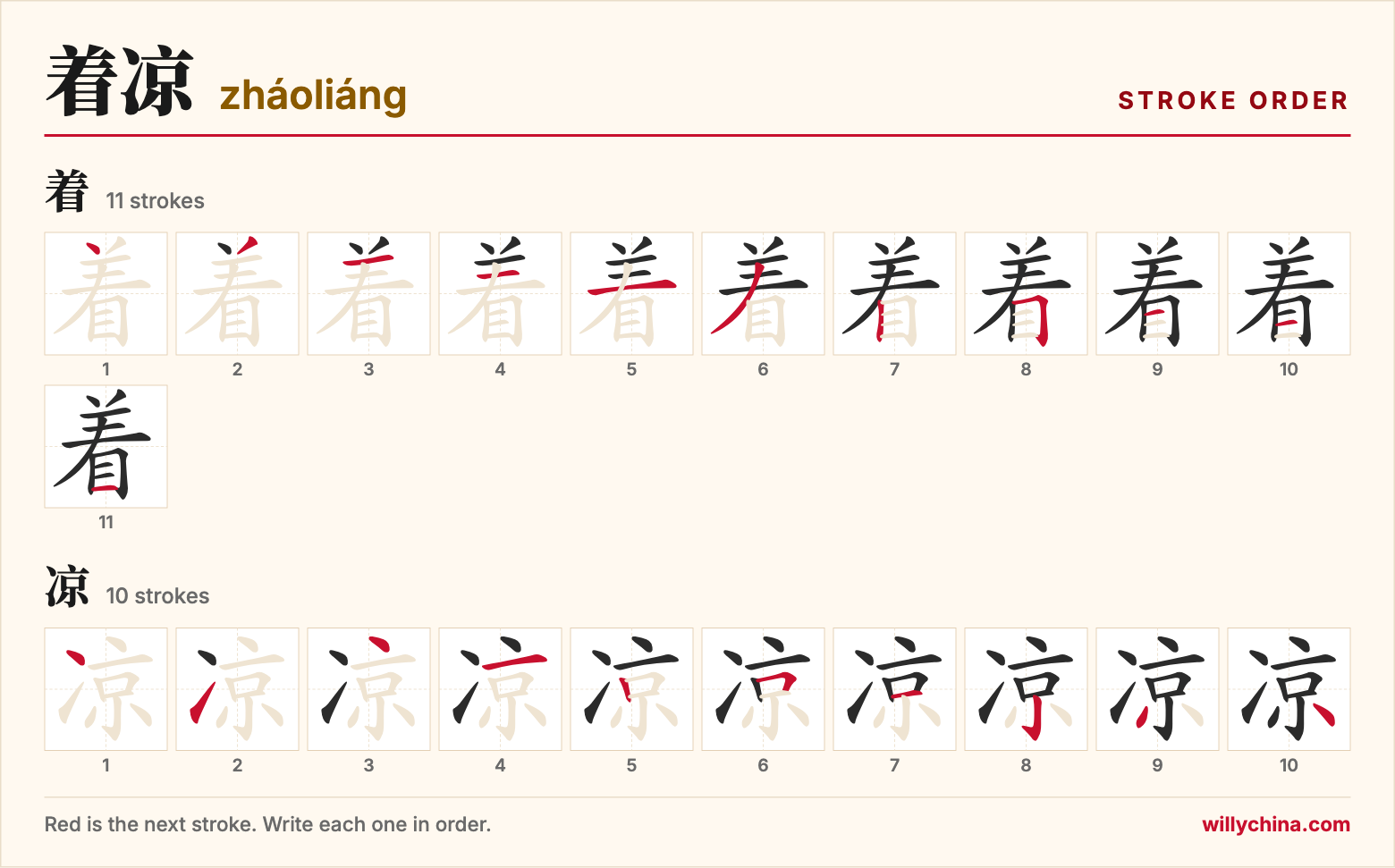 着凉 (zháoliáng) stroke order chart: each stroke of the characters in the order you write them