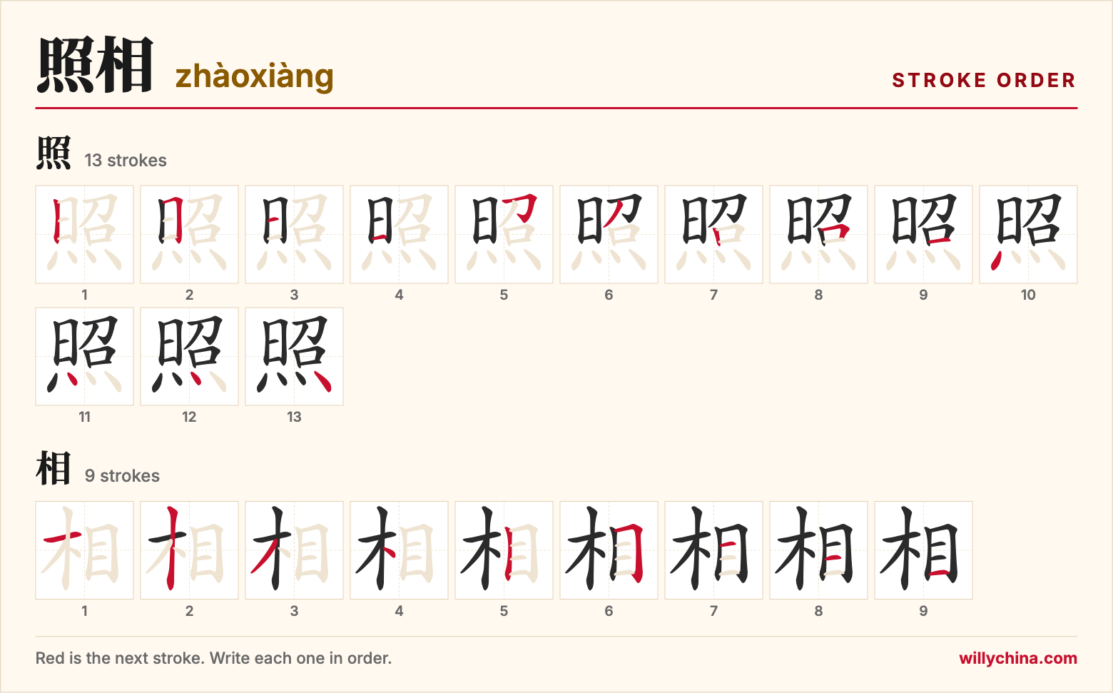 照相 (zhàoxiàng) stroke order chart: each stroke of the characters in the order you write them