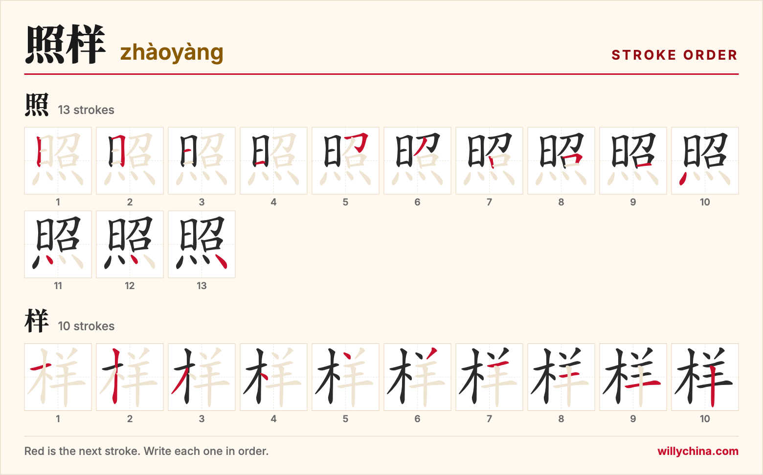 照样 (zhàoyàng) stroke order chart: each stroke of the characters in the order you write them