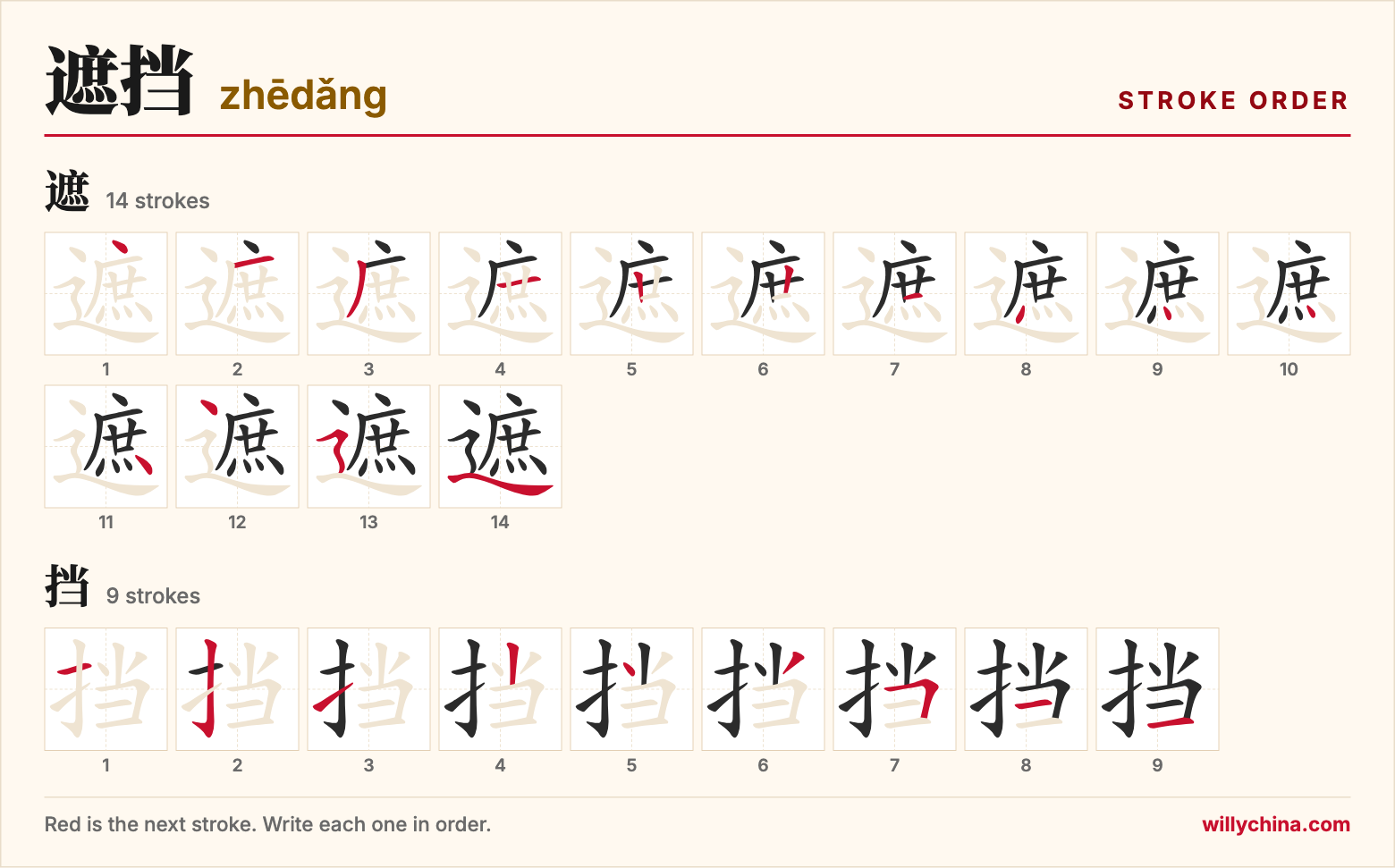 遮挡 (zhēdǎng) stroke order chart: each stroke of the characters in the order you write them