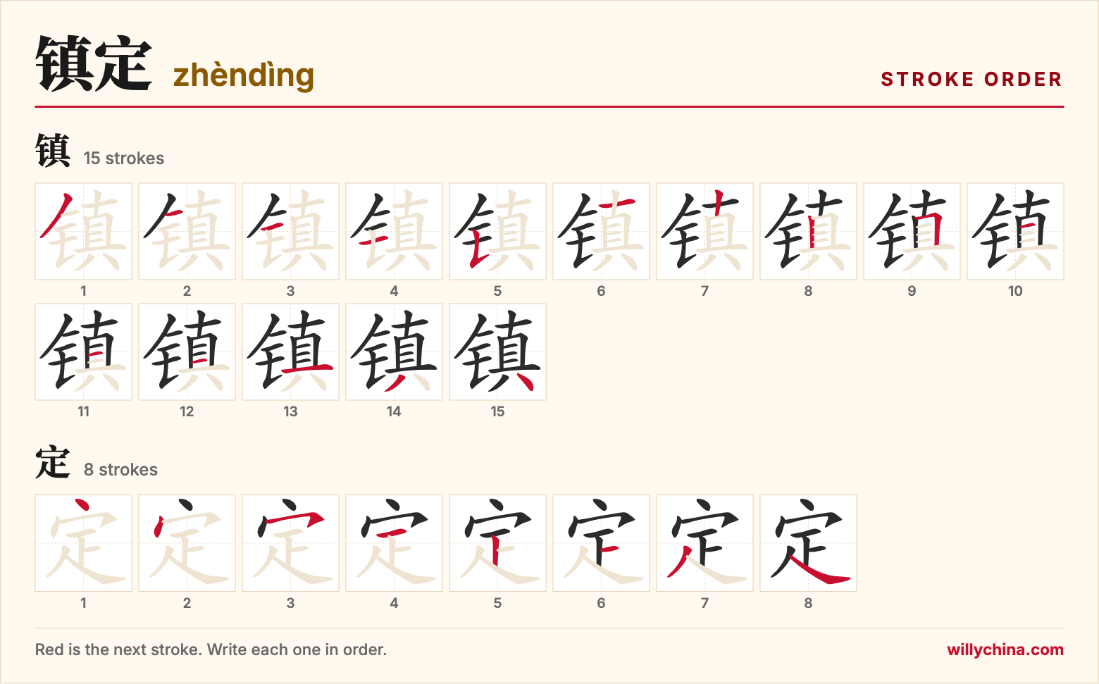 镇定 (zhèndìng) stroke order chart: each stroke of the characters in the order you write them