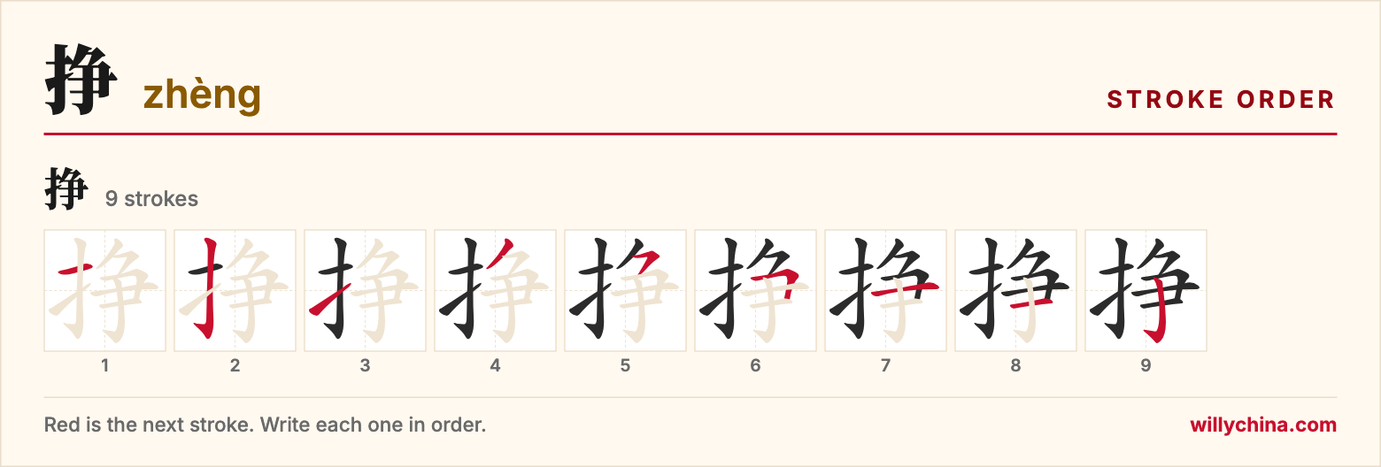 挣 (zhèng) stroke order chart: each stroke of the character in the order you write it