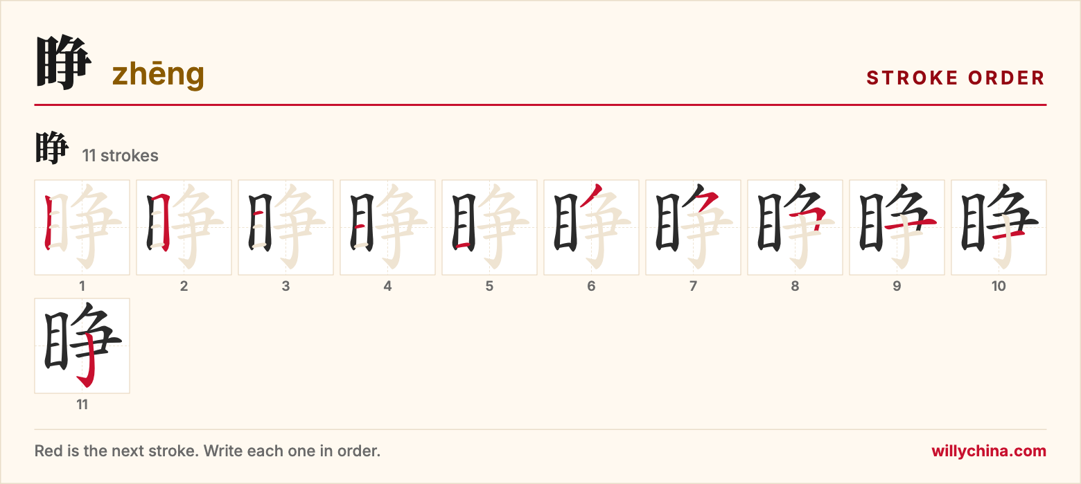 睁 (zhēng) stroke order chart: each stroke of the character in the order you write it