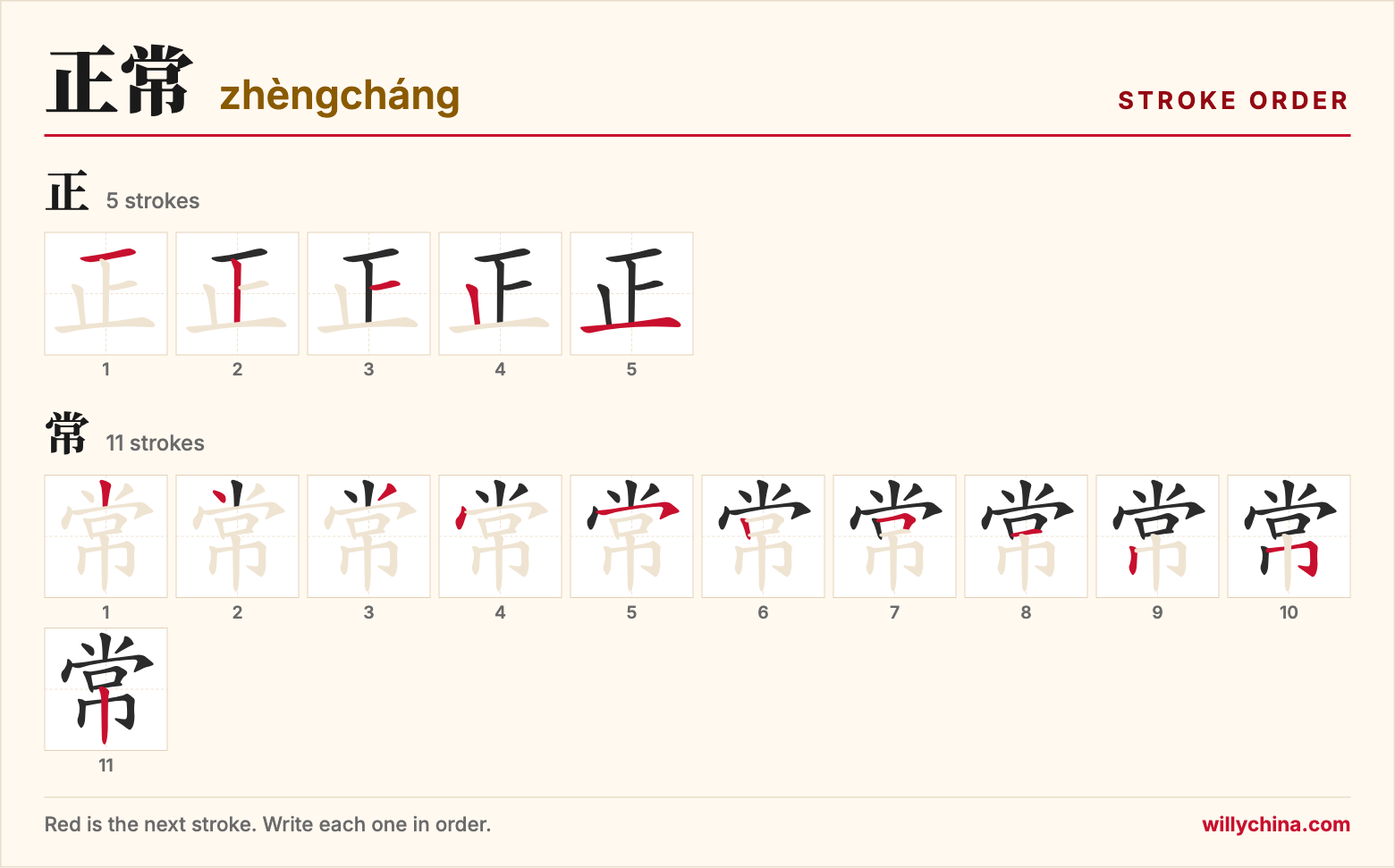 正常 (zhèngcháng) stroke order chart: each stroke of the characters in the order you write them