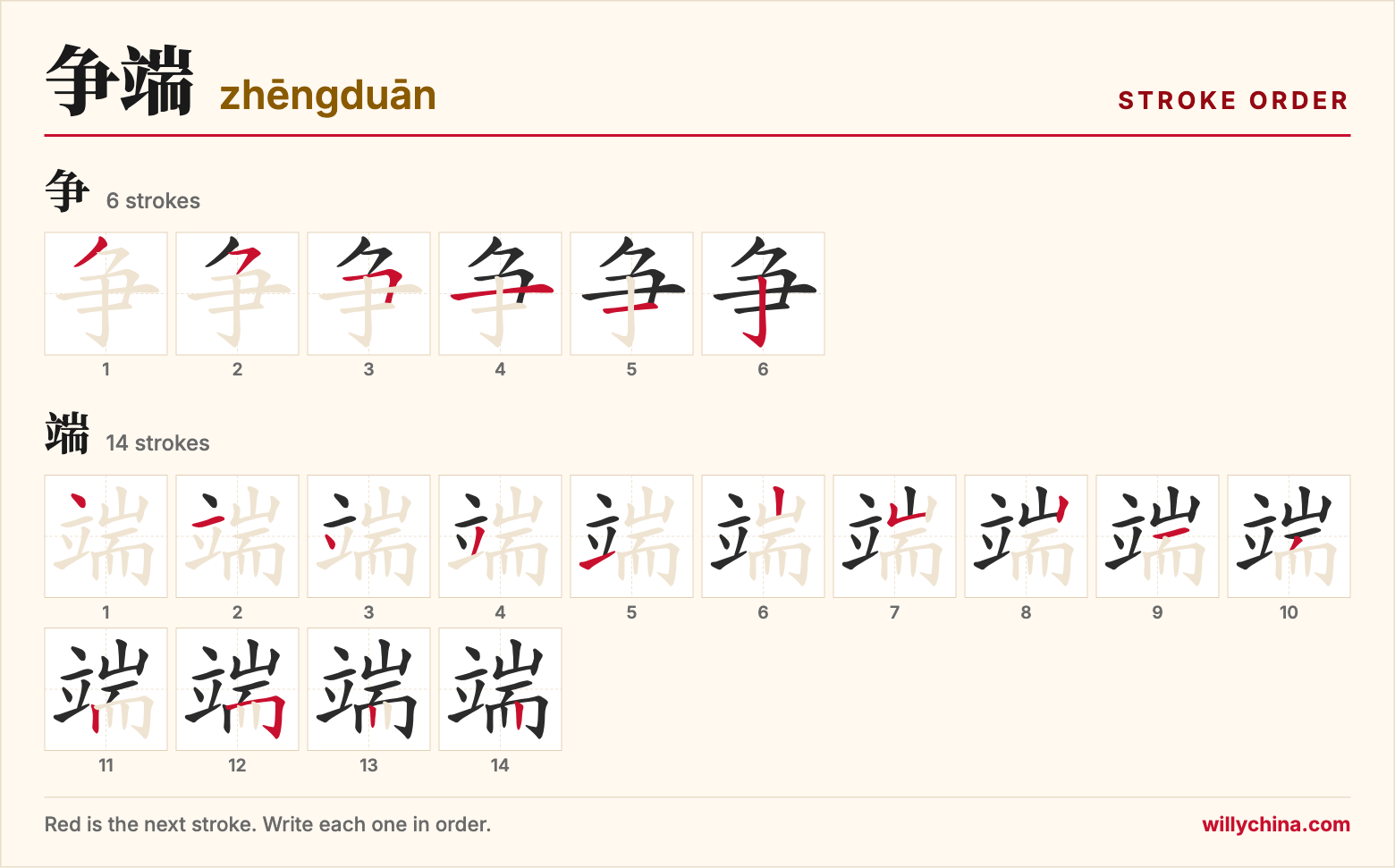 争端 (zhēngduān) stroke order chart: each stroke of the characters in the order you write them
