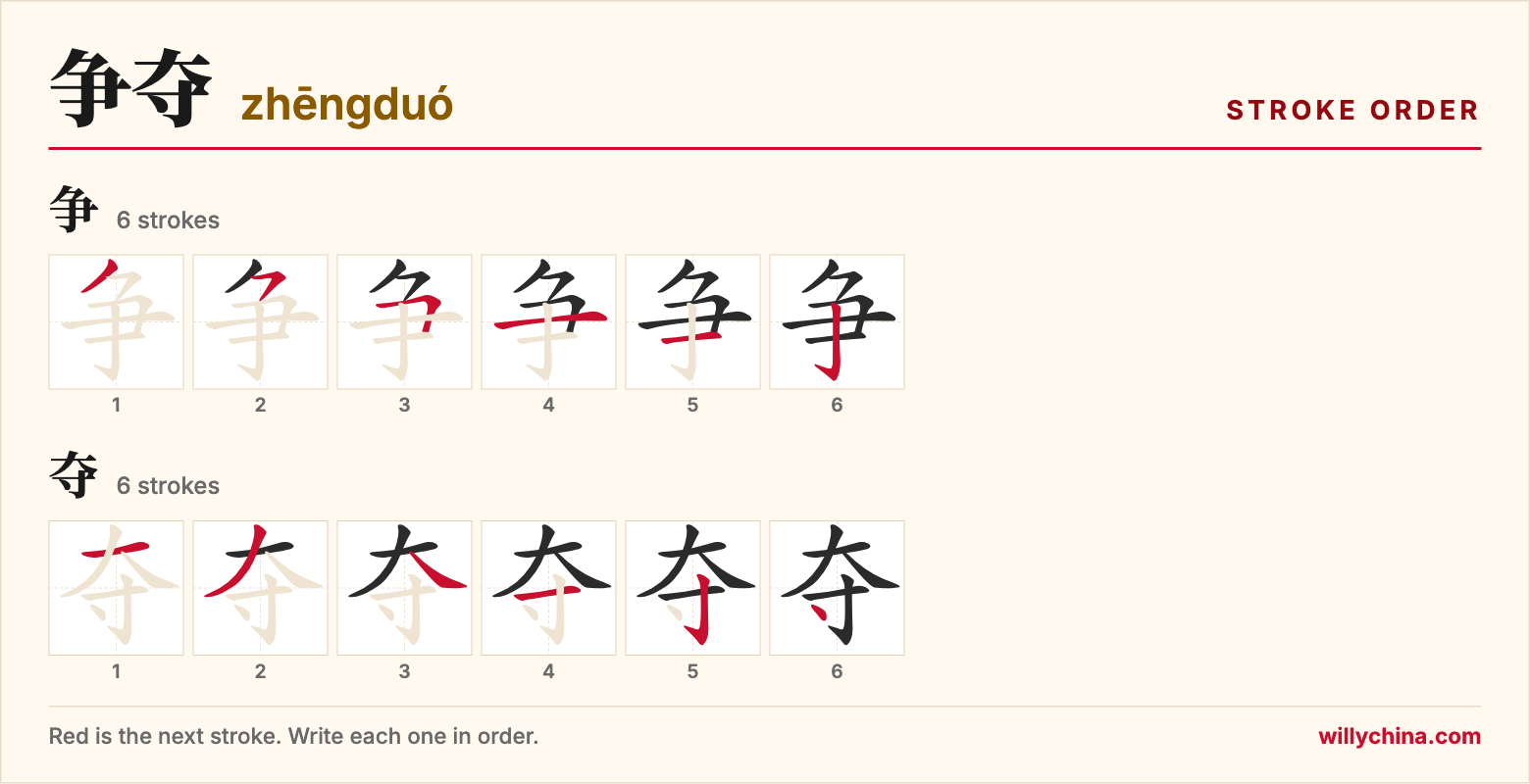 争夺 (zhēngduó) stroke order chart: each stroke of the characters in the order you write them