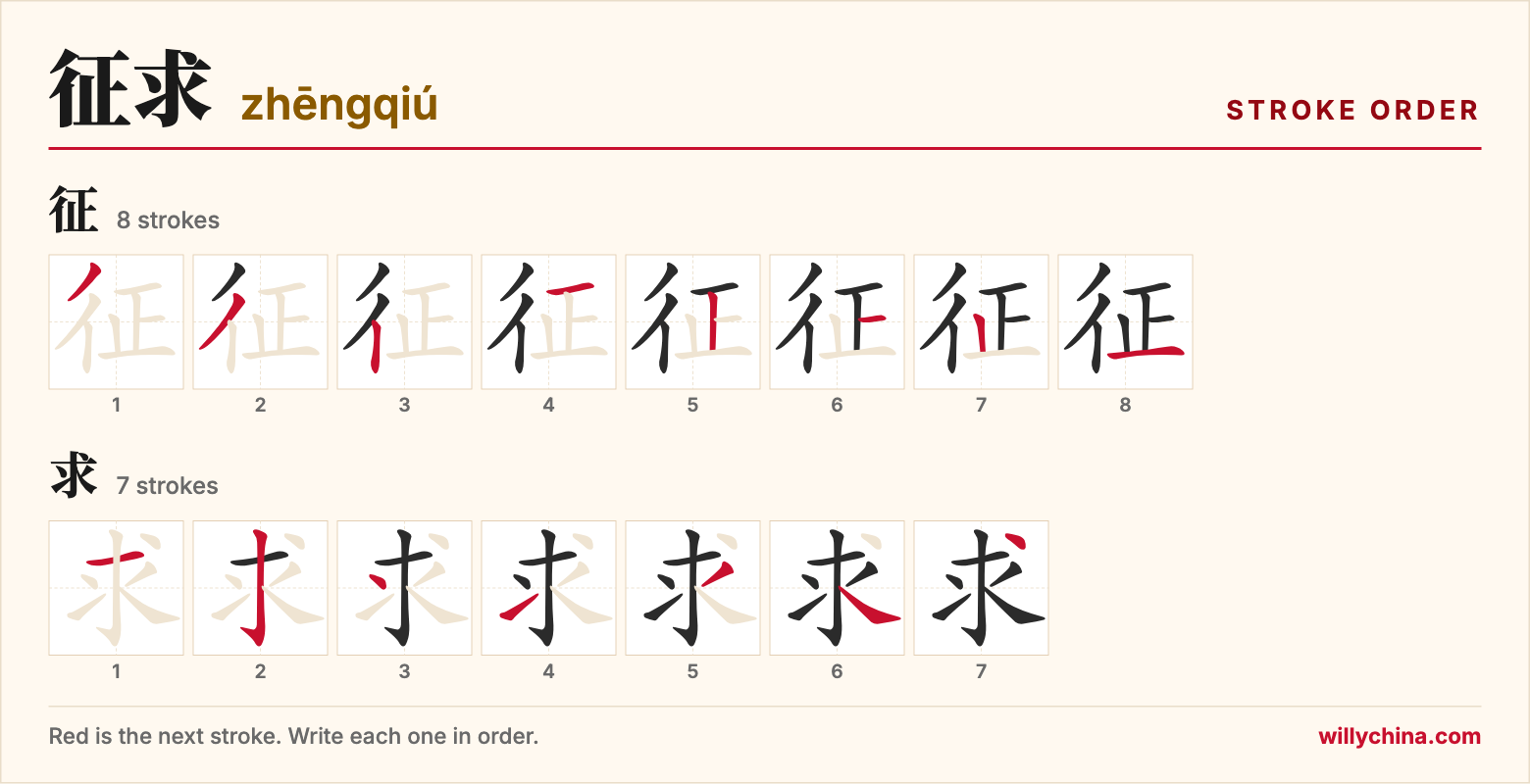 征求 (zhēngqiú) stroke order chart: each stroke of the characters in the order you write them