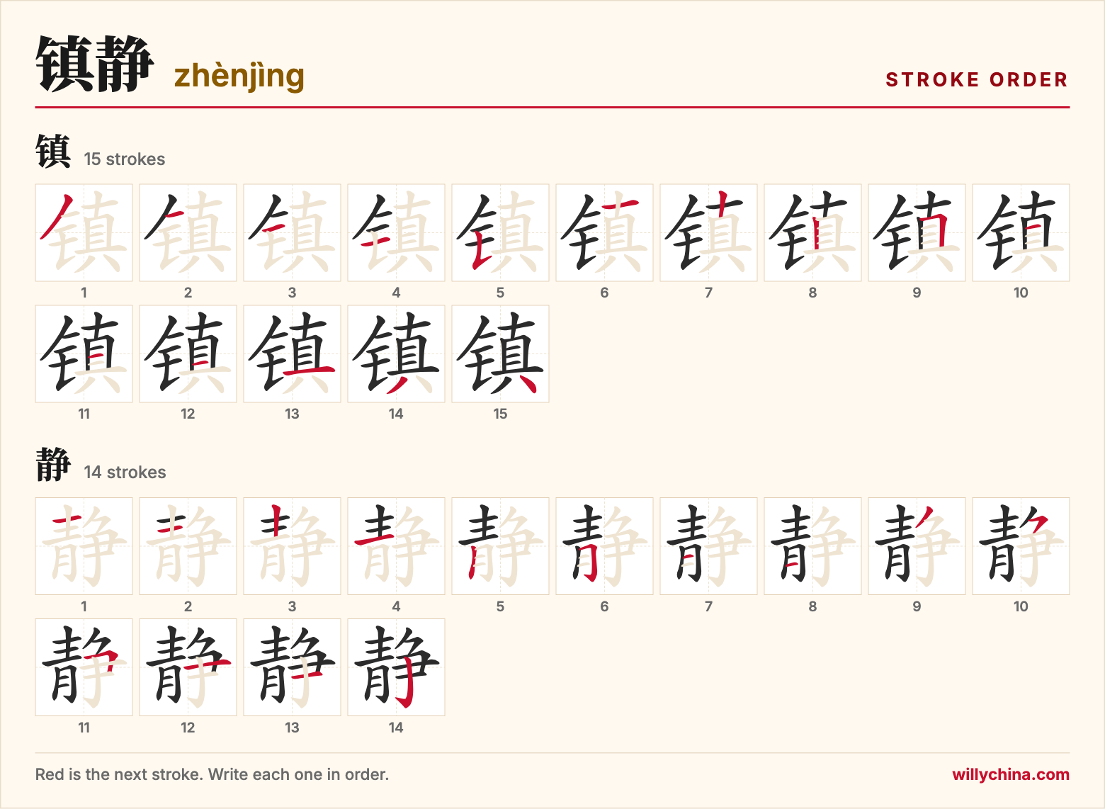 镇静 (zhènjìng) stroke order chart: each stroke of the characters in the order you write them