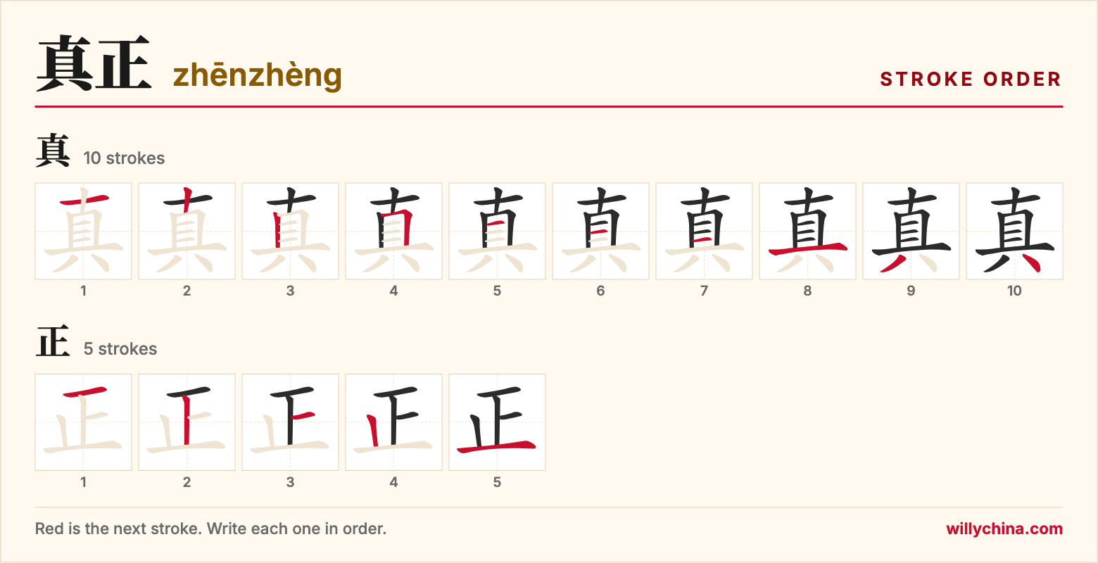 真正 (zhēnzhèng) stroke order chart: each stroke of the characters in the order you write them