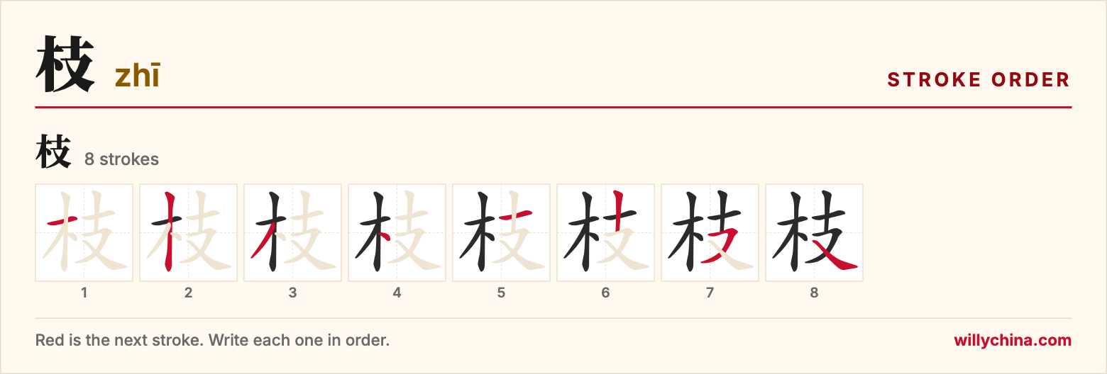 枝 (zhī) stroke order chart: each stroke of the character in the order you write it