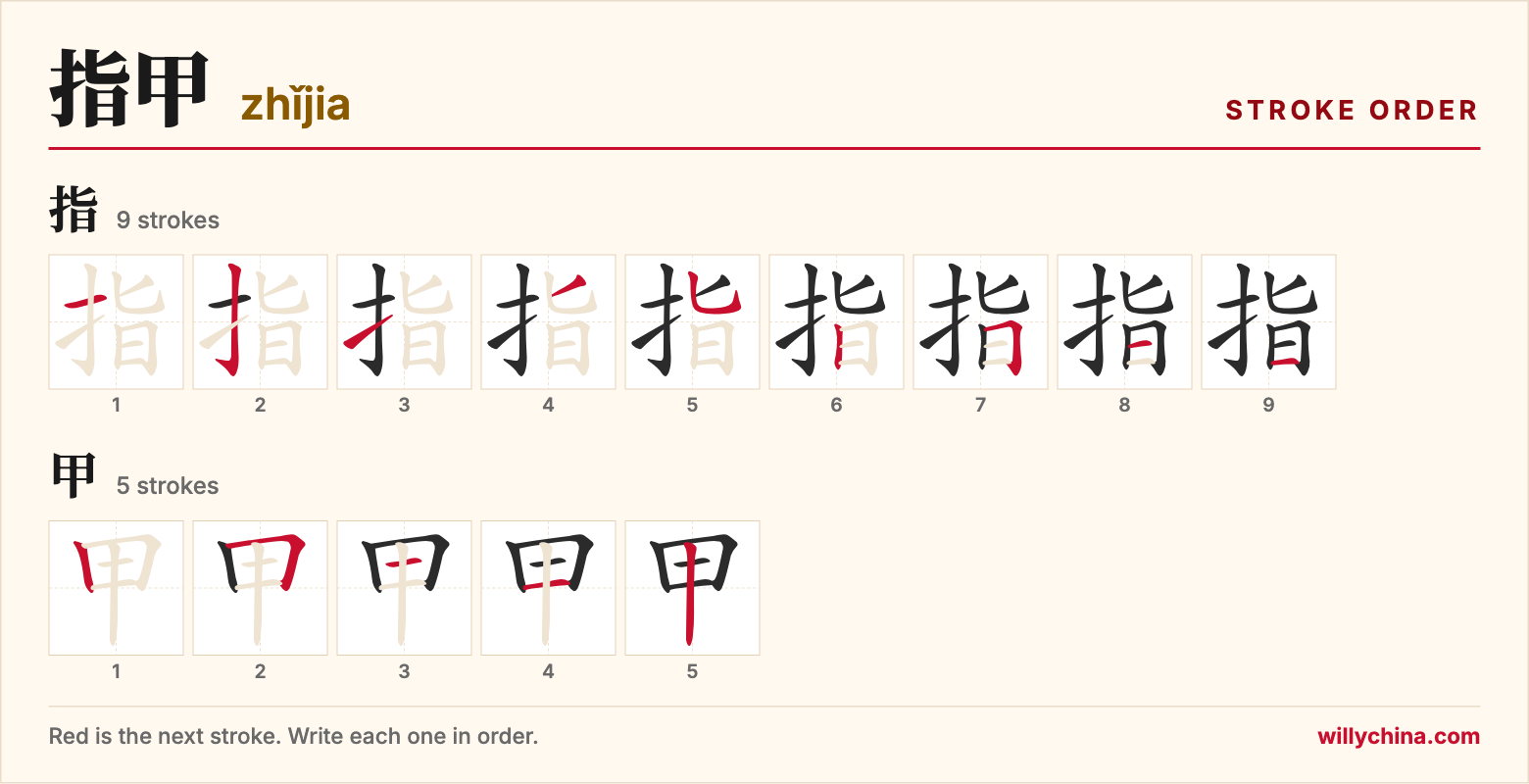 指甲 (zhǐjia) stroke order chart: each stroke of the characters in the order you write them