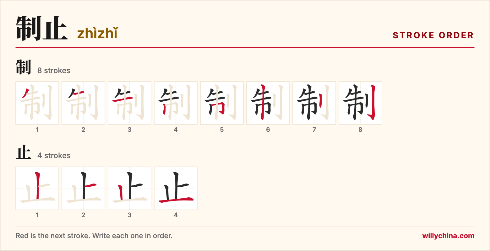 制止 (zhìzhǐ) stroke order chart: each stroke of the characters in the order you write them
