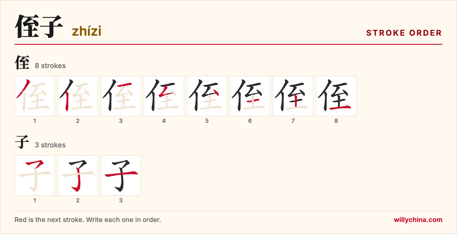 侄子 (zhízi) stroke order chart: each stroke of the characters in the order you write them