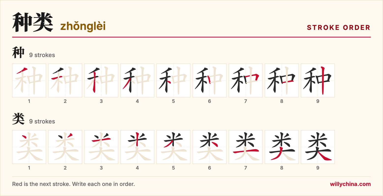 种类 (zhǒnglèi) stroke order chart: each stroke of the characters in the order you write them