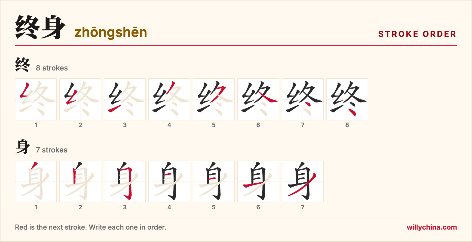 终身 (zhōngshēn) stroke order chart: each stroke of the characters in the order you write them