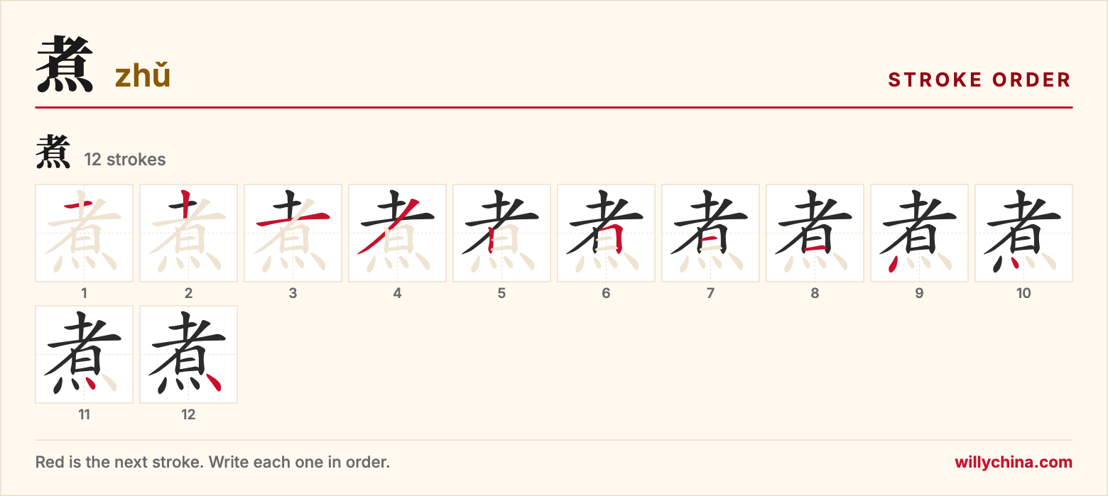 煮 (zhǔ) stroke order chart: each stroke of the character in the order you write it