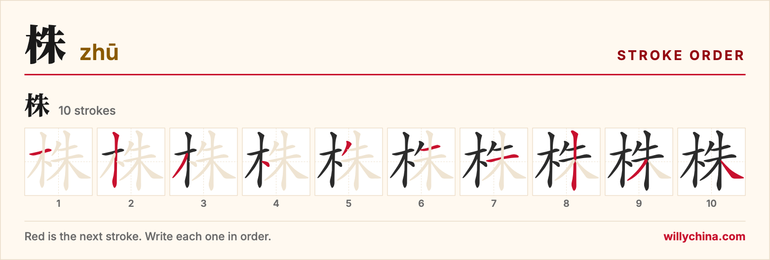 株 (zhū) stroke order chart: each stroke of the character in the order you write it
