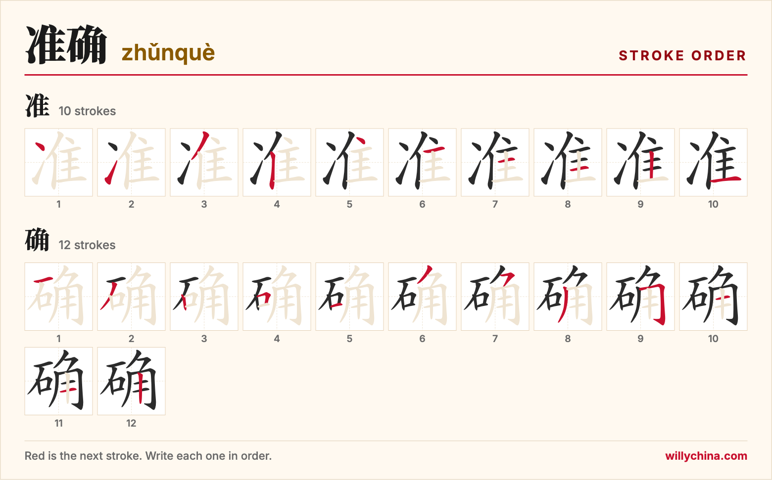 准确 (zhǔnquè) stroke order chart: each stroke of the characters in the order you write them