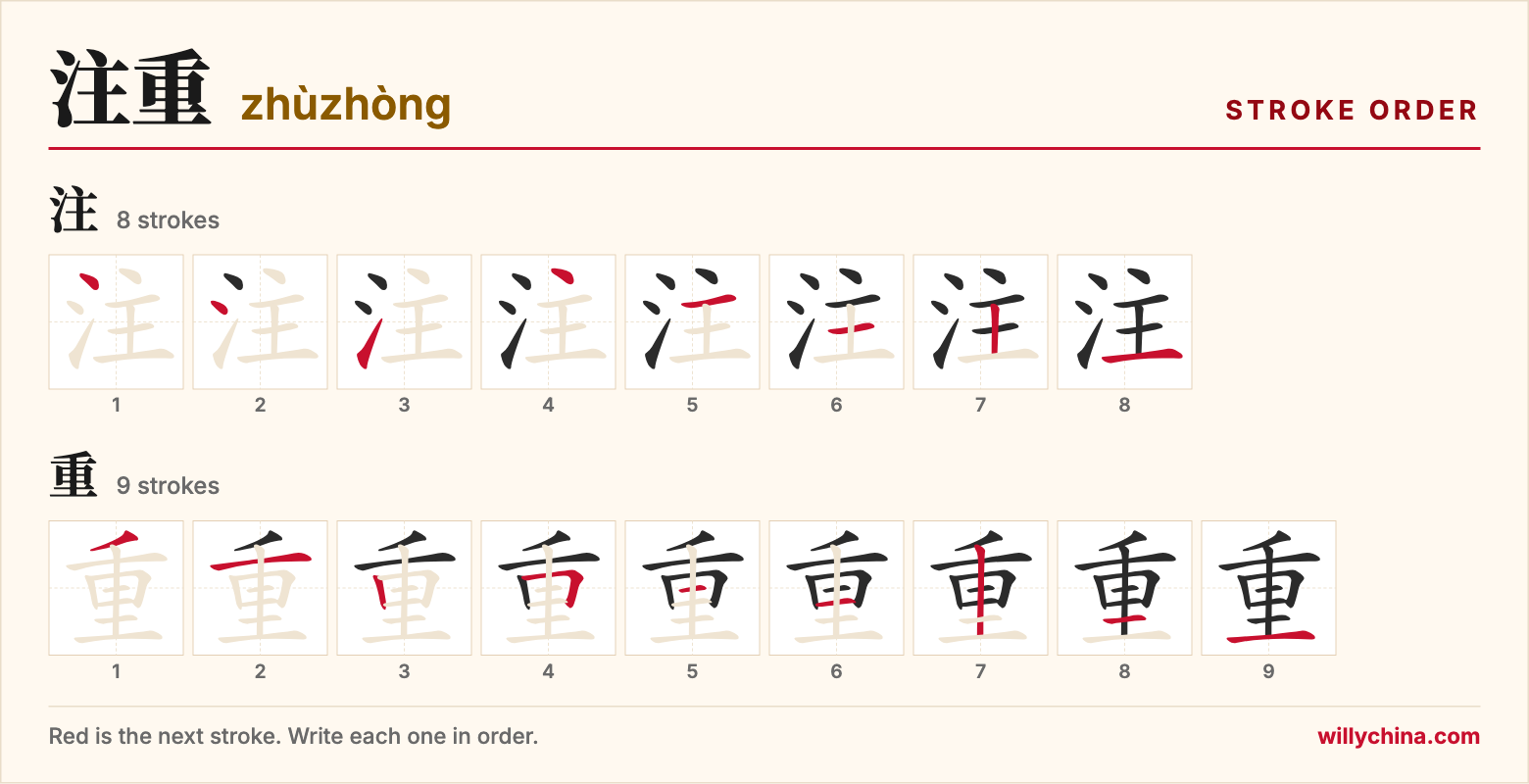 注重 (zhùzhòng) stroke order chart: each stroke of the characters in the order you write them