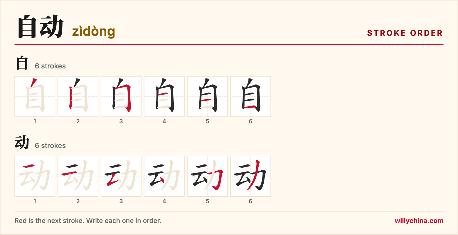 自动 (zìdòng) stroke order chart: each stroke of the characters in the order you write them