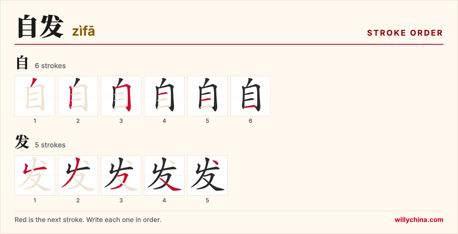 自发 (zìfā) stroke order chart: each stroke of the characters in the order you write them
