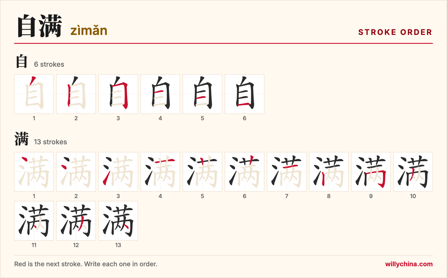 自满 (zìmǎn) stroke order chart: each stroke of the characters in the order you write them