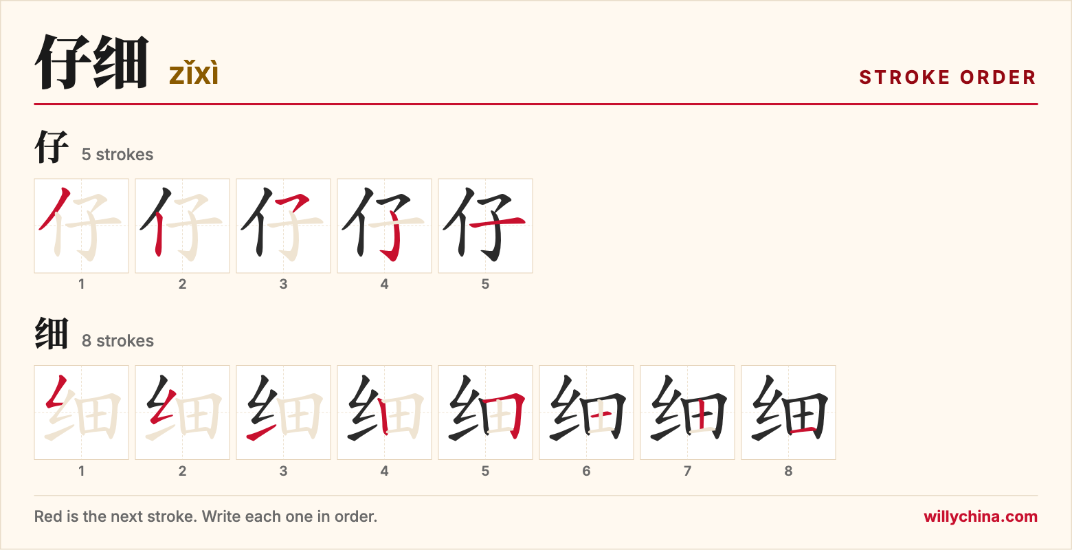 仔细 (zǐxì) stroke order chart: each stroke of the characters in the order you write them