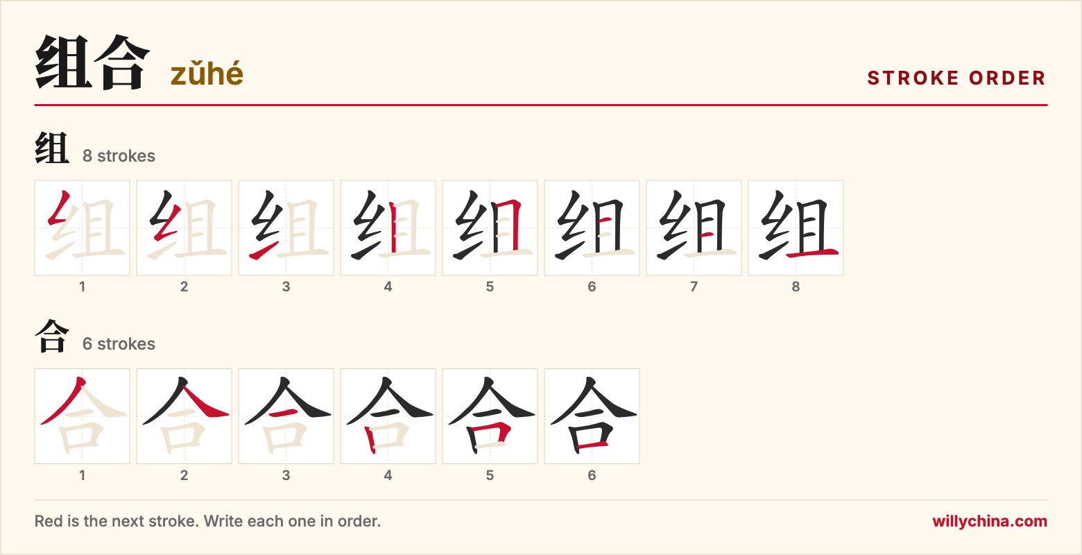 组合 (zǔhé) stroke order chart: each stroke of the characters in the order you write them