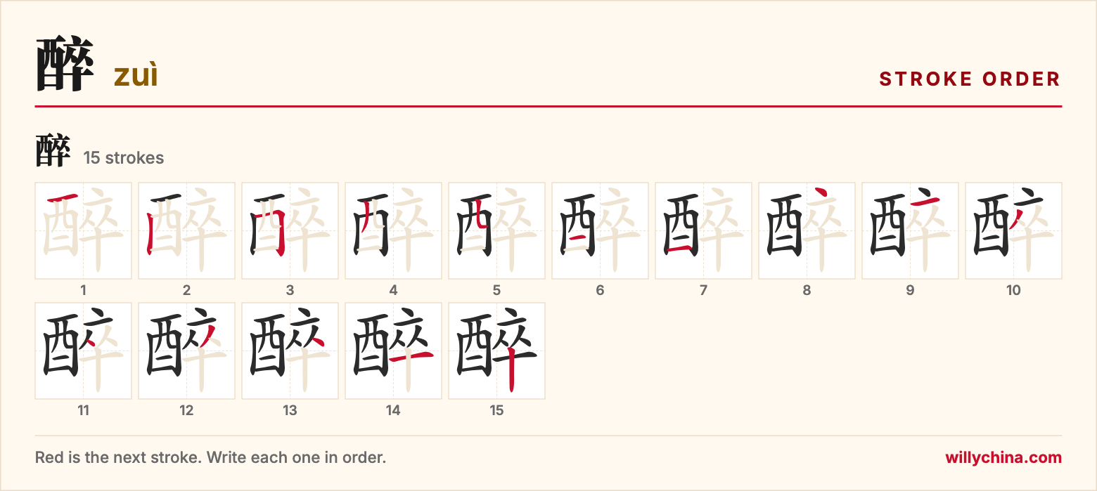 醉 (zuì) stroke order chart: each stroke of the character in the order you write it