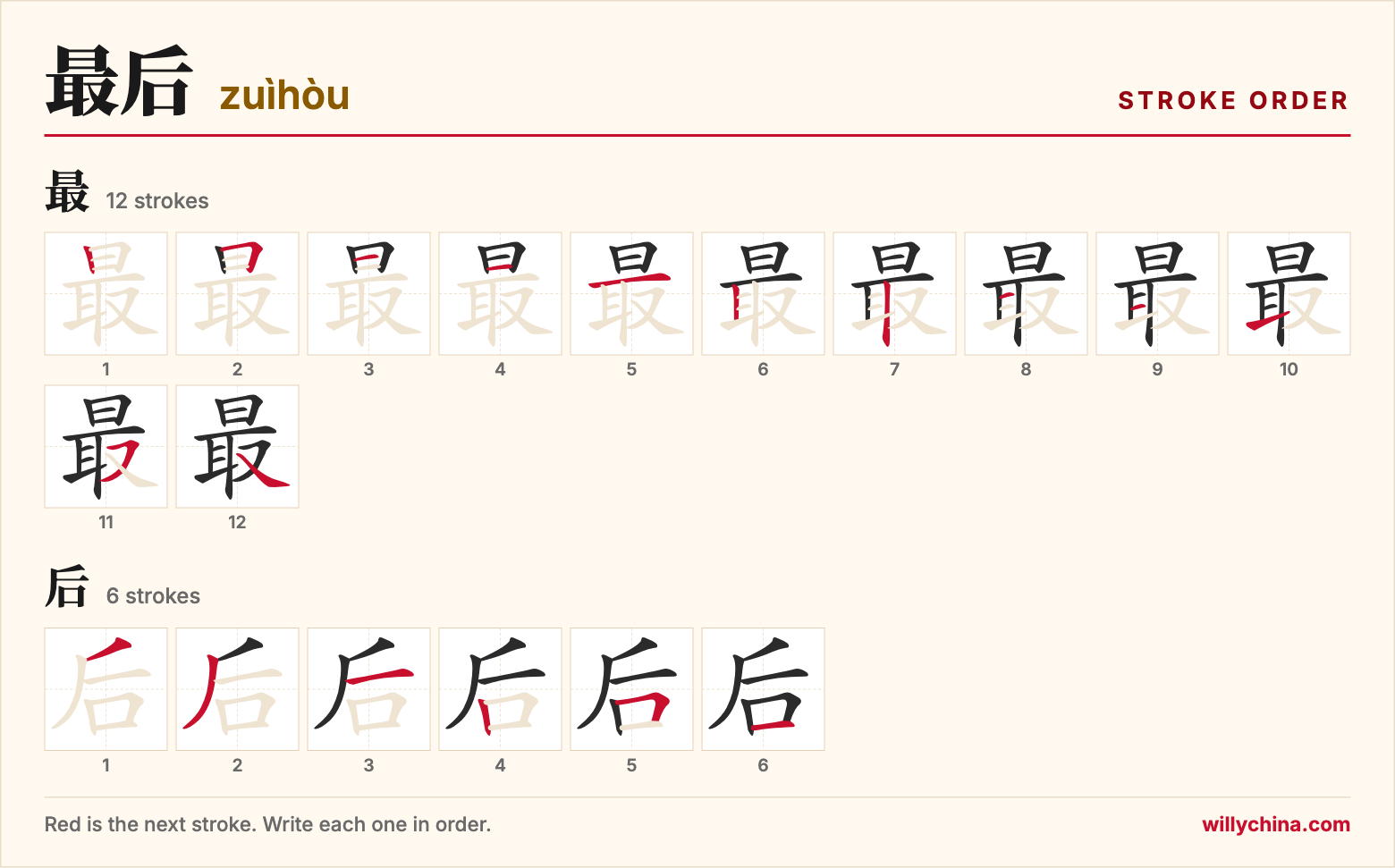最后 (zuìhòu) stroke order chart: each stroke of the characters in the order you write them