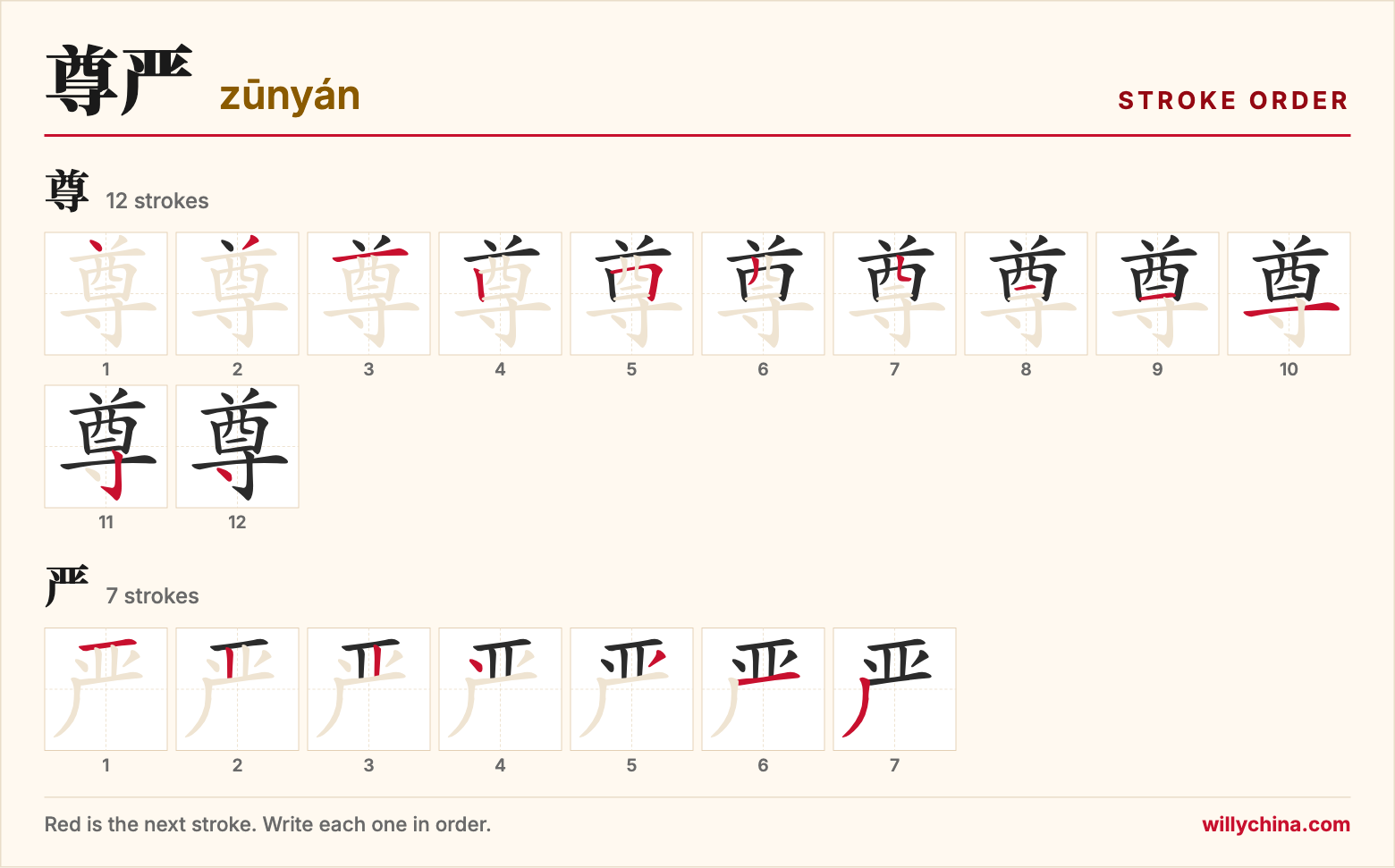 尊严 (zūnyán) stroke order chart: each stroke of the characters in the order you write them