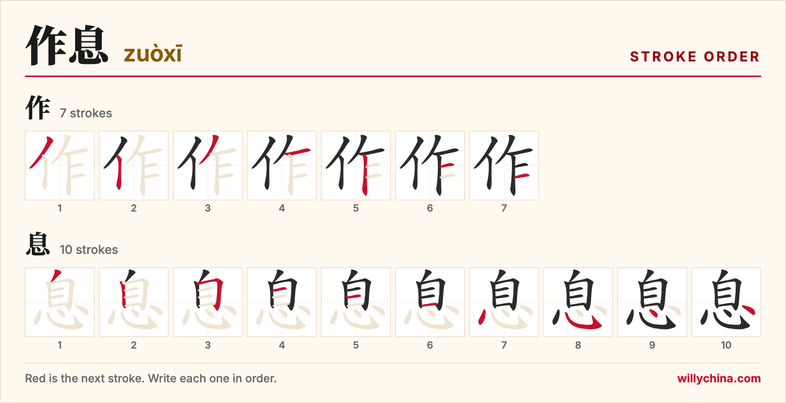 作息 (zuòxī) stroke order chart: each stroke of the characters in the order you write them