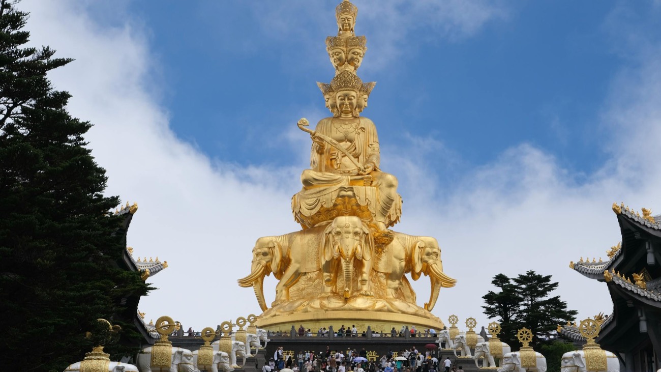 The 48-metre golden Samantabhadra Buddha statue at the Golden Summit, Mt Emei, Sichuan