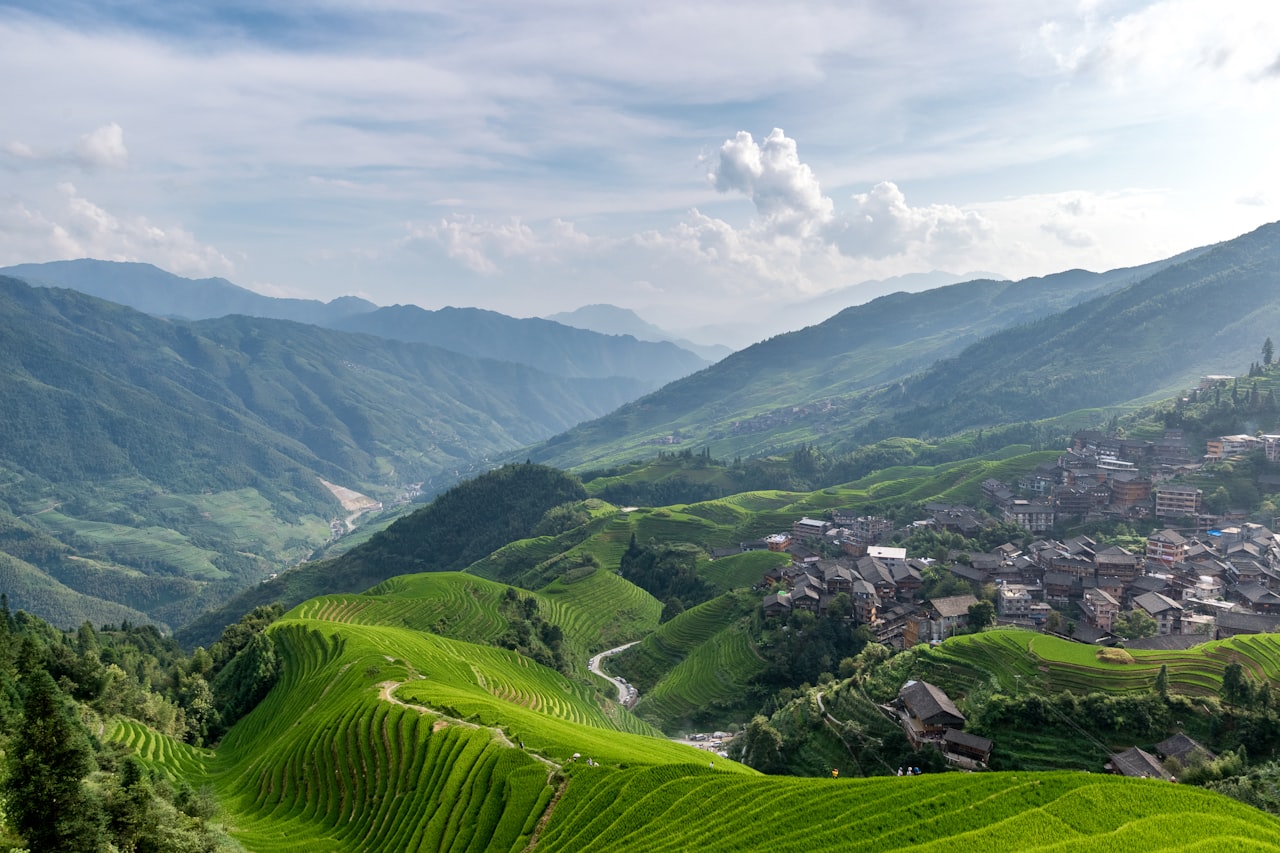 Aerial view of green tropical mountains, Hainan's rainforest interior around Wuzhishan