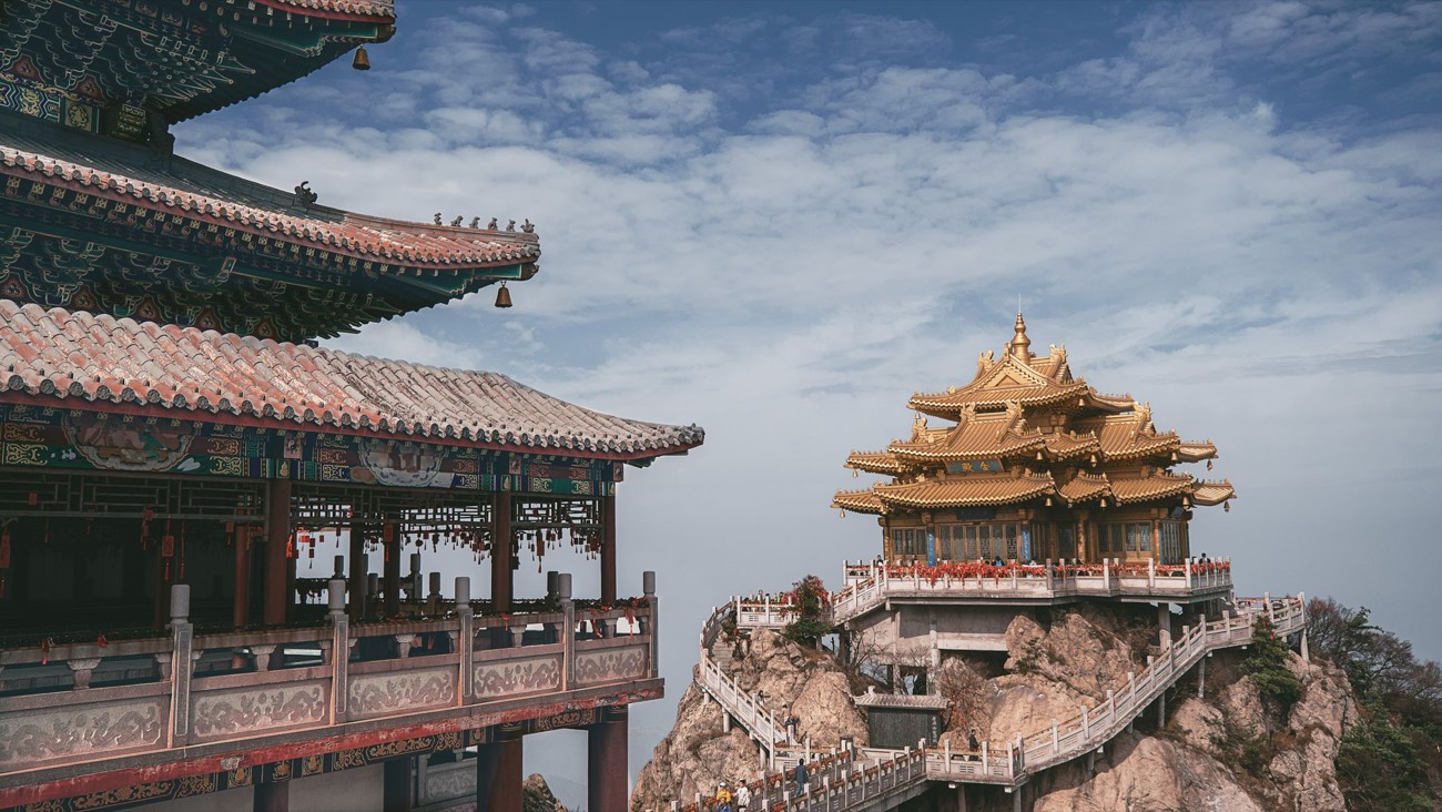 A golden temple complex on the cliffs of sacred Mount Tai above Tai’an, Shandong