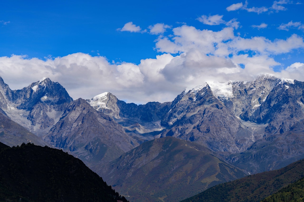 Snow-capped mountain range near Nyingchi, Tibet