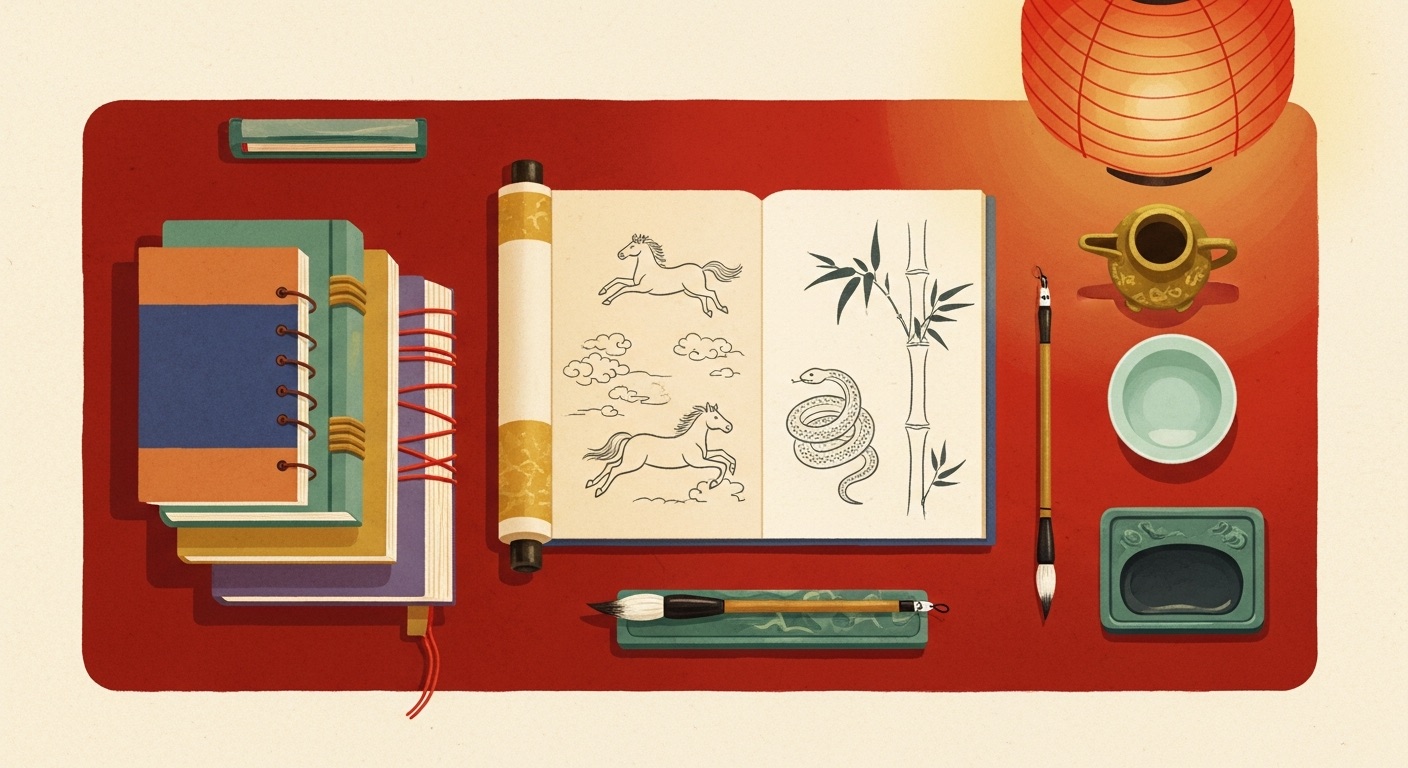A Chinese scholar's desk with an open scroll sketched with a horse, a snake and bamboo — the stories behind Chinese idioms
