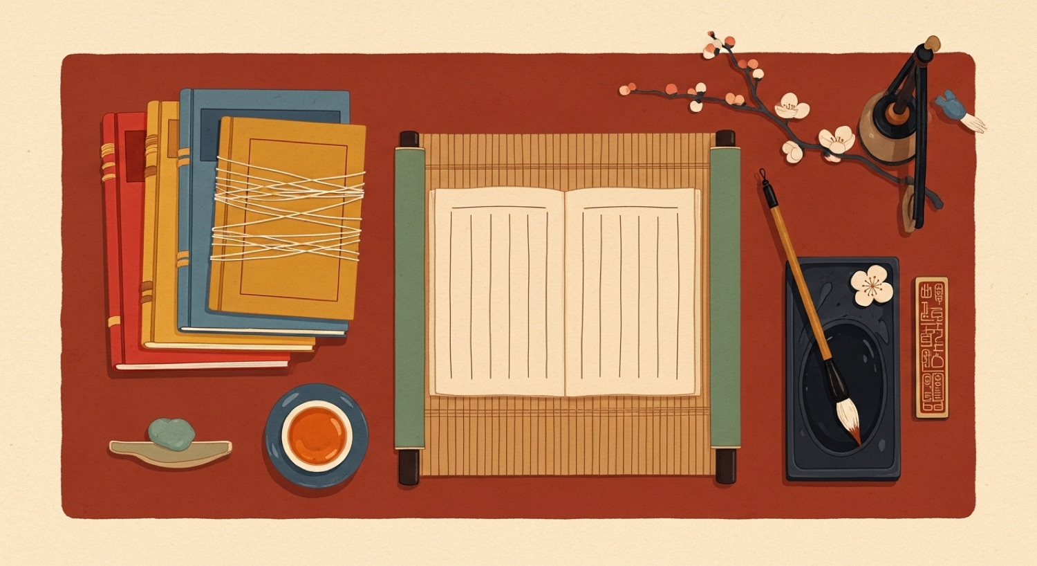An illustrated Chinese scholar's desk — thread-bound classical books, a bamboo scroll, brush and inkstone