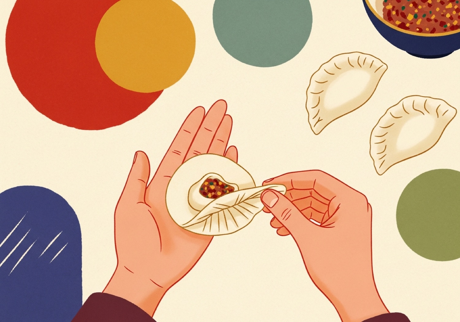 Illustration of two hands pleating a crescent-shaped Chinese dumpling
