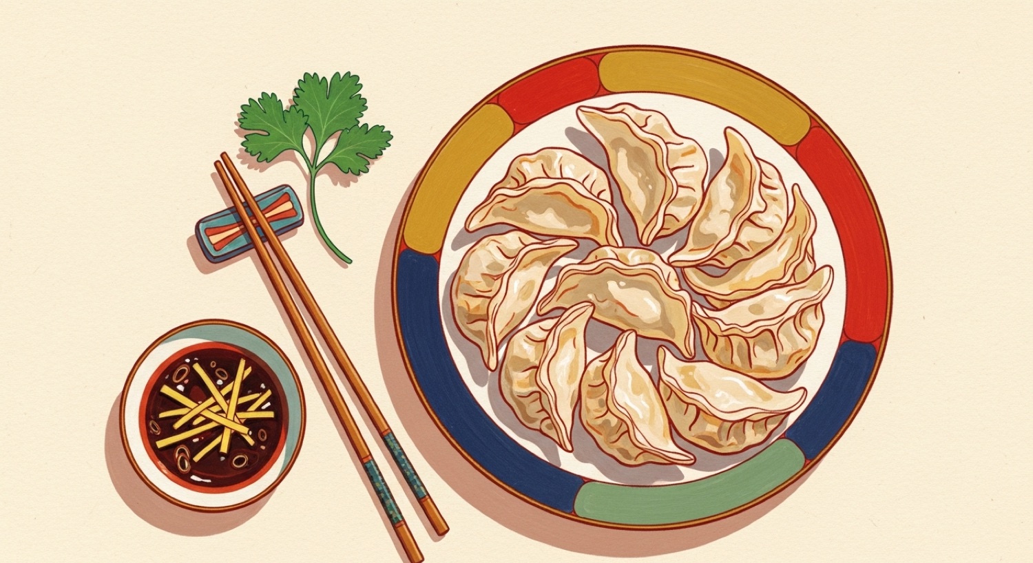 A plate of freshly cooked Chinese jiaozi dumplings with a dish of dark dipping sauce and chopsticks