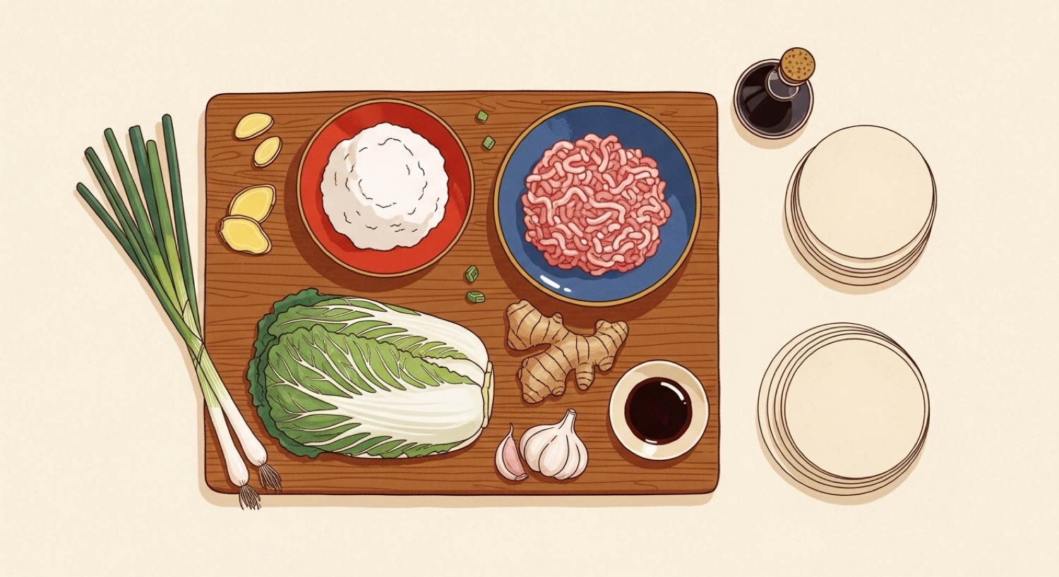 Flat-lay of dumpling ingredients — flour, ground pork, napa cabbage, ginger, spring onion, garlic, soy sauce and dumpling wrappers