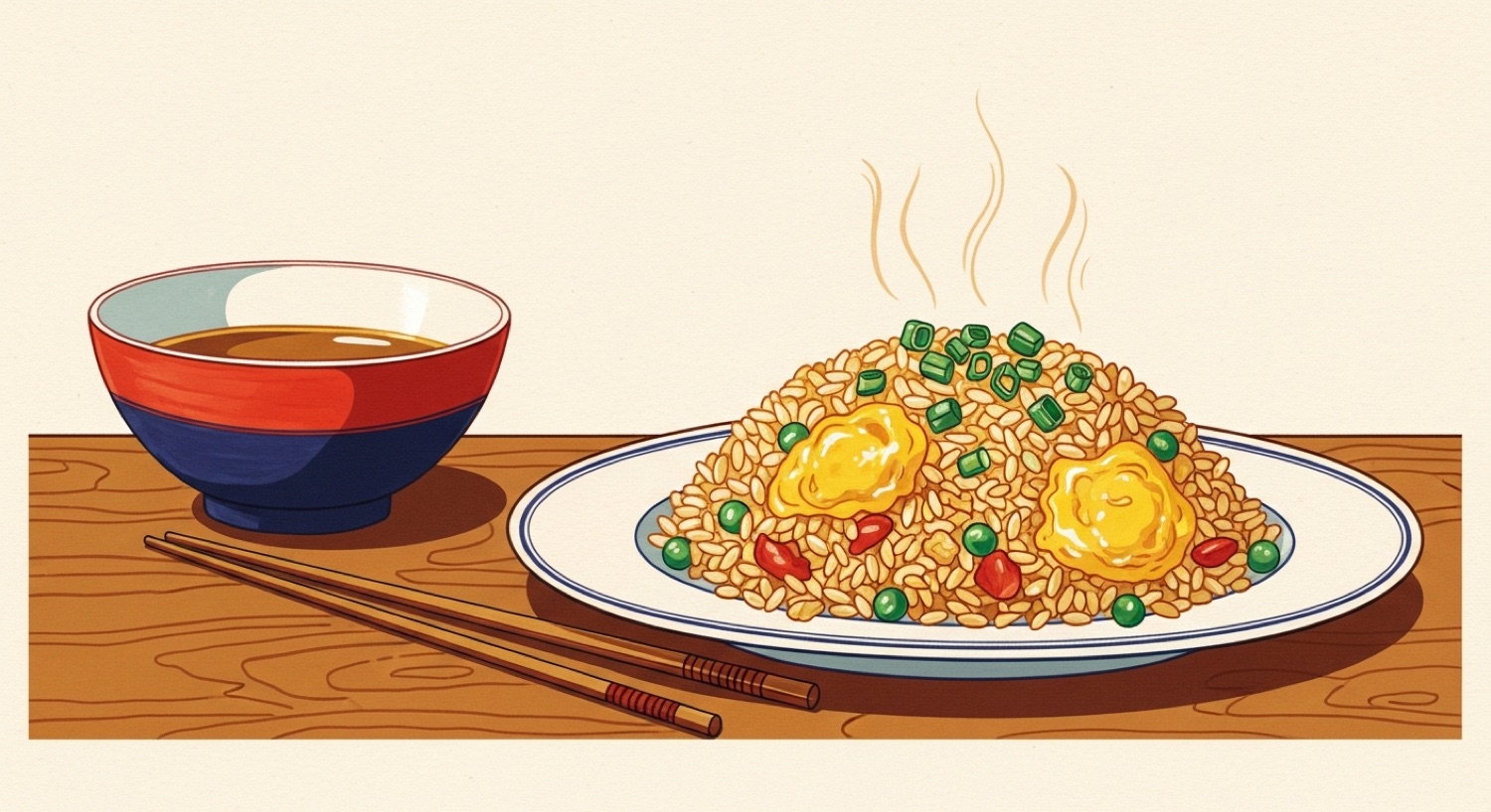 A plate of golden egg fried rice with fluffy grains, green spring onion and peas, steam rising, chopsticks beside