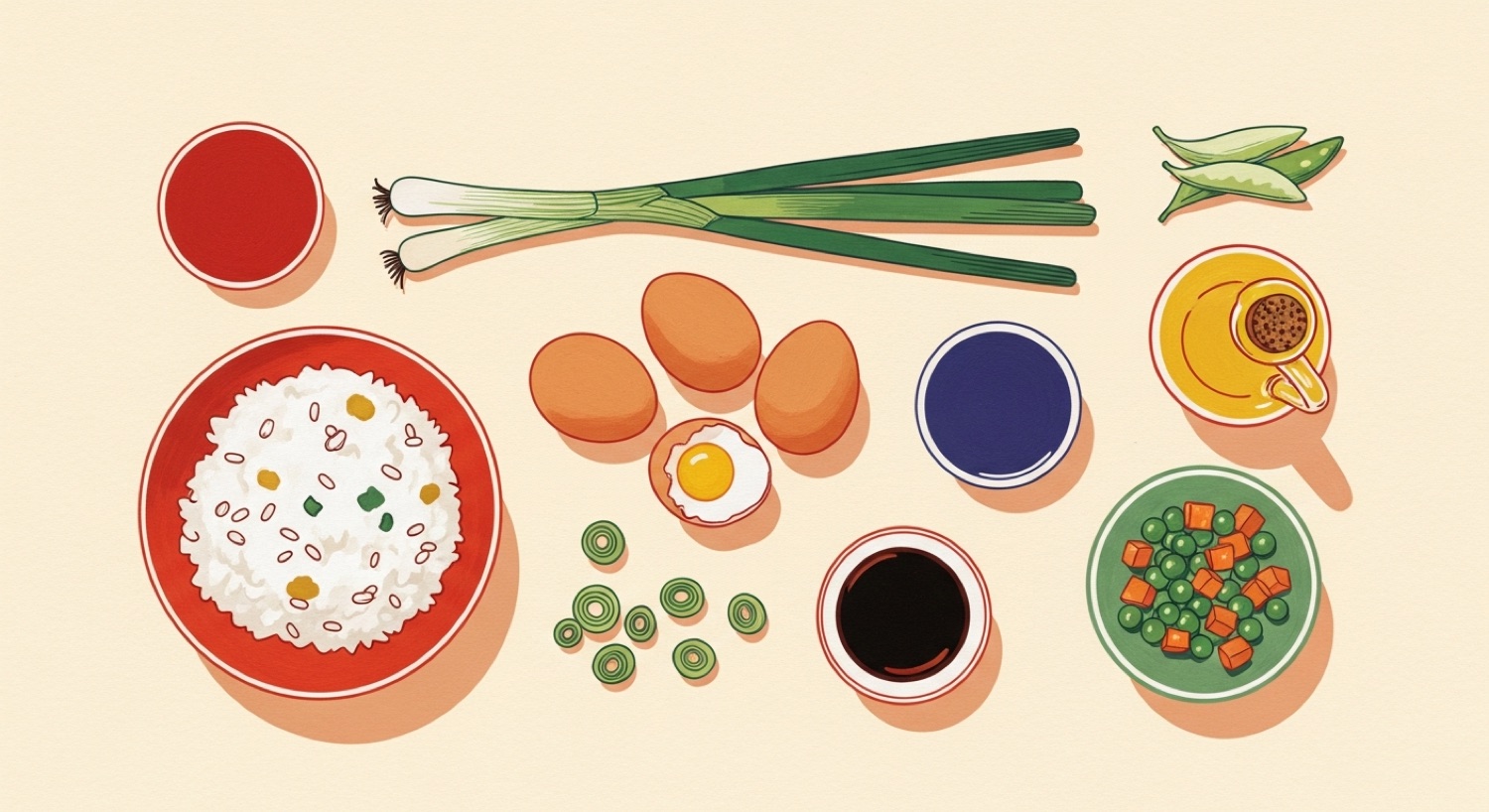 Flat-lay of egg fried rice ingredients — cooked rice, eggs, spring onions, soy sauce, peas and carrot, and oil