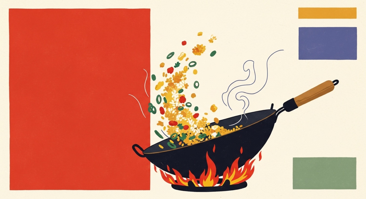 Golden egg fried rice being tossed in a wok over a flame — the high-heat wok technique