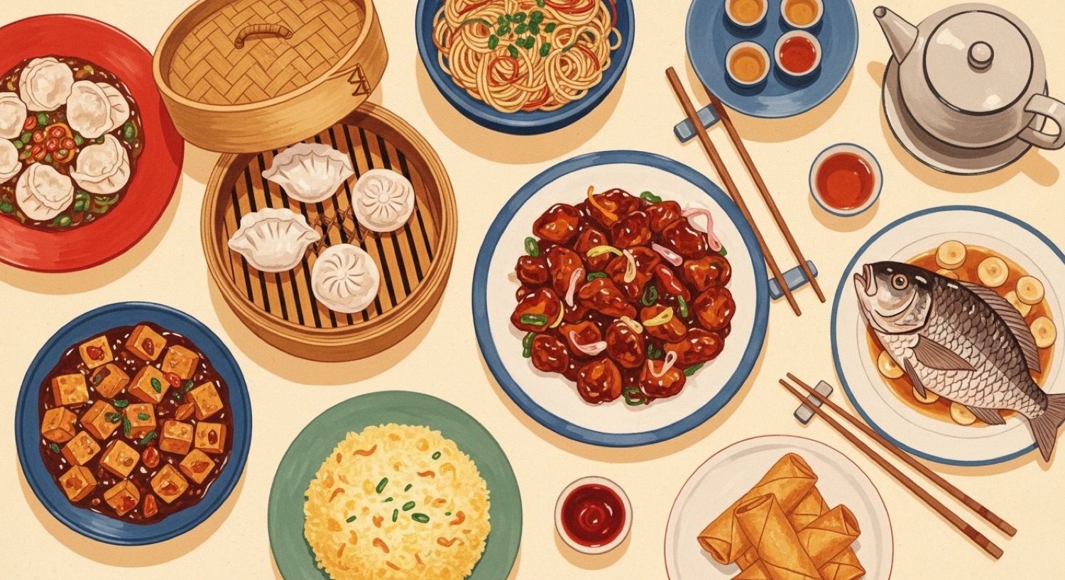 An illustrated spread of iconic Chinese dishes — dumplings, noodles, kung pao chicken, mapo tofu, fried rice and more