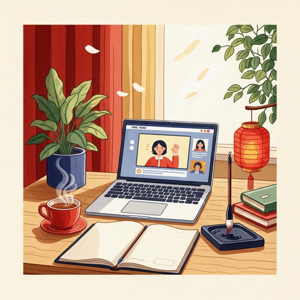 Illustration for WillyChina online Mandarin courses — a one-on-one online lesson with tea and a calligraphy brush