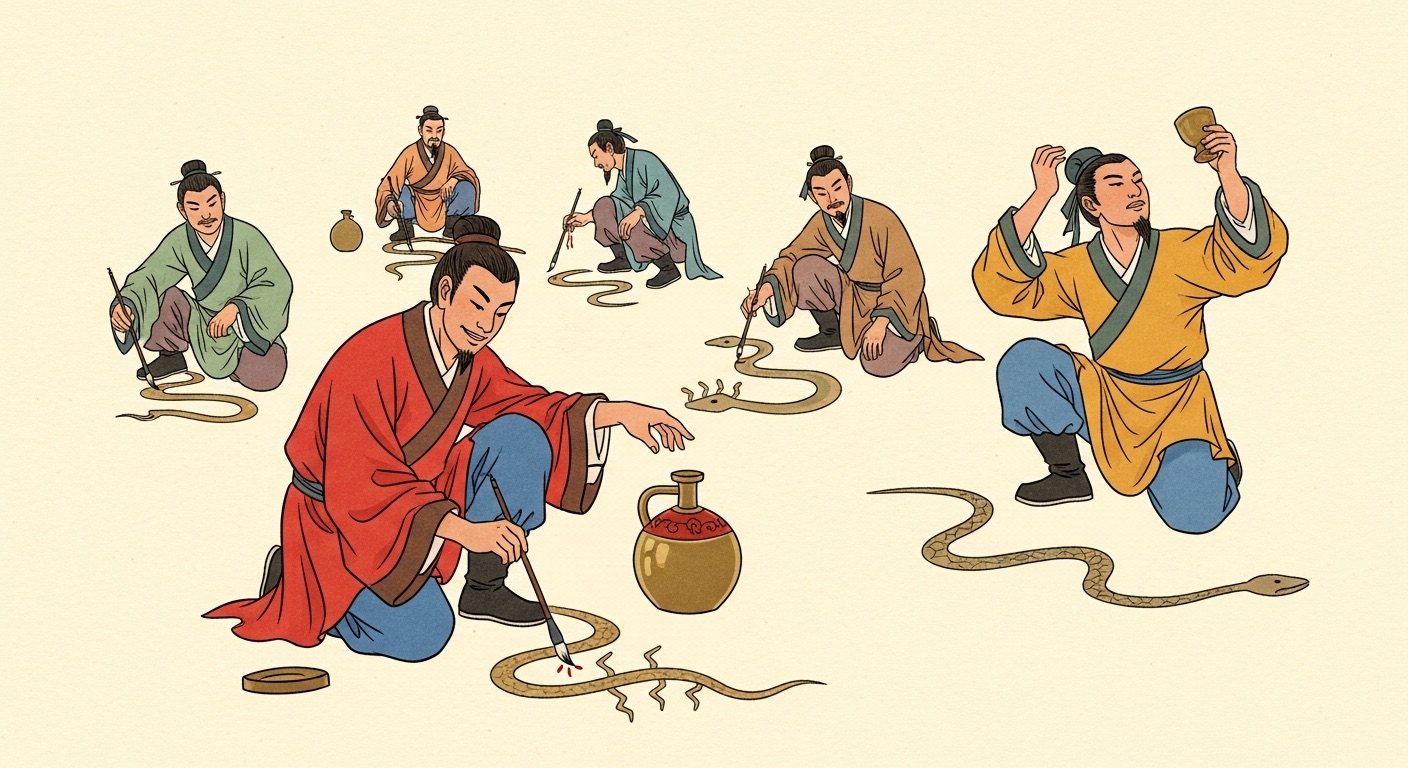 画蛇添足 (huà shé tiān zú) — a man adds feet to his finished snake while a rival drinks the wine he had won