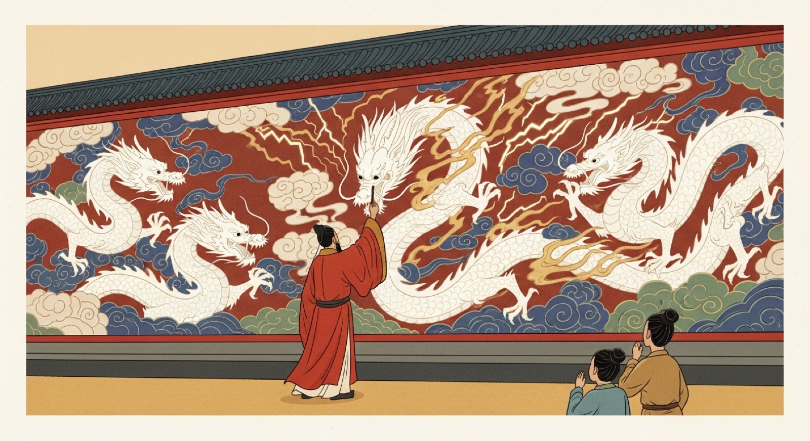画龙点睛 (huà lóng diǎn jīng) — the painter Zhang Sengyou dots a dragon's eye and it bursts to life off the temple wall amid thunder and cloud