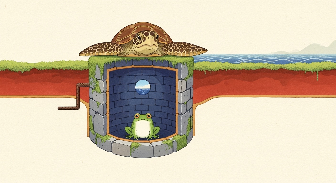 井底之蛙 (jǐng dǐ zhī wā) — a frog at the bottom of a well looks up at a small circle of sky as a great sea-turtle peers over the rim