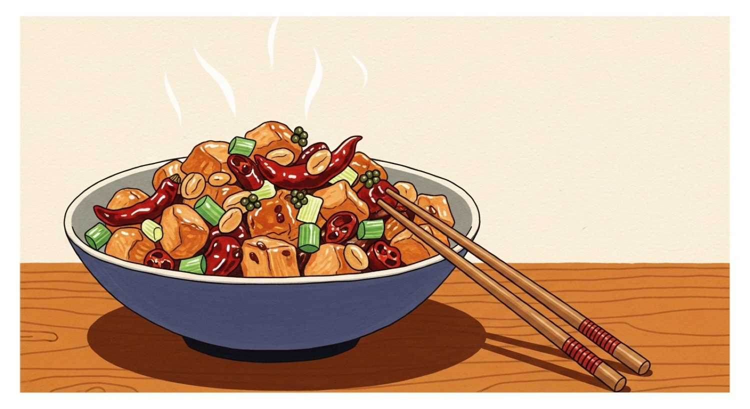 A bowl of kung pao chicken — glossy diced chicken with roasted peanuts, dried red chillies and spring onion in a savoury sauce